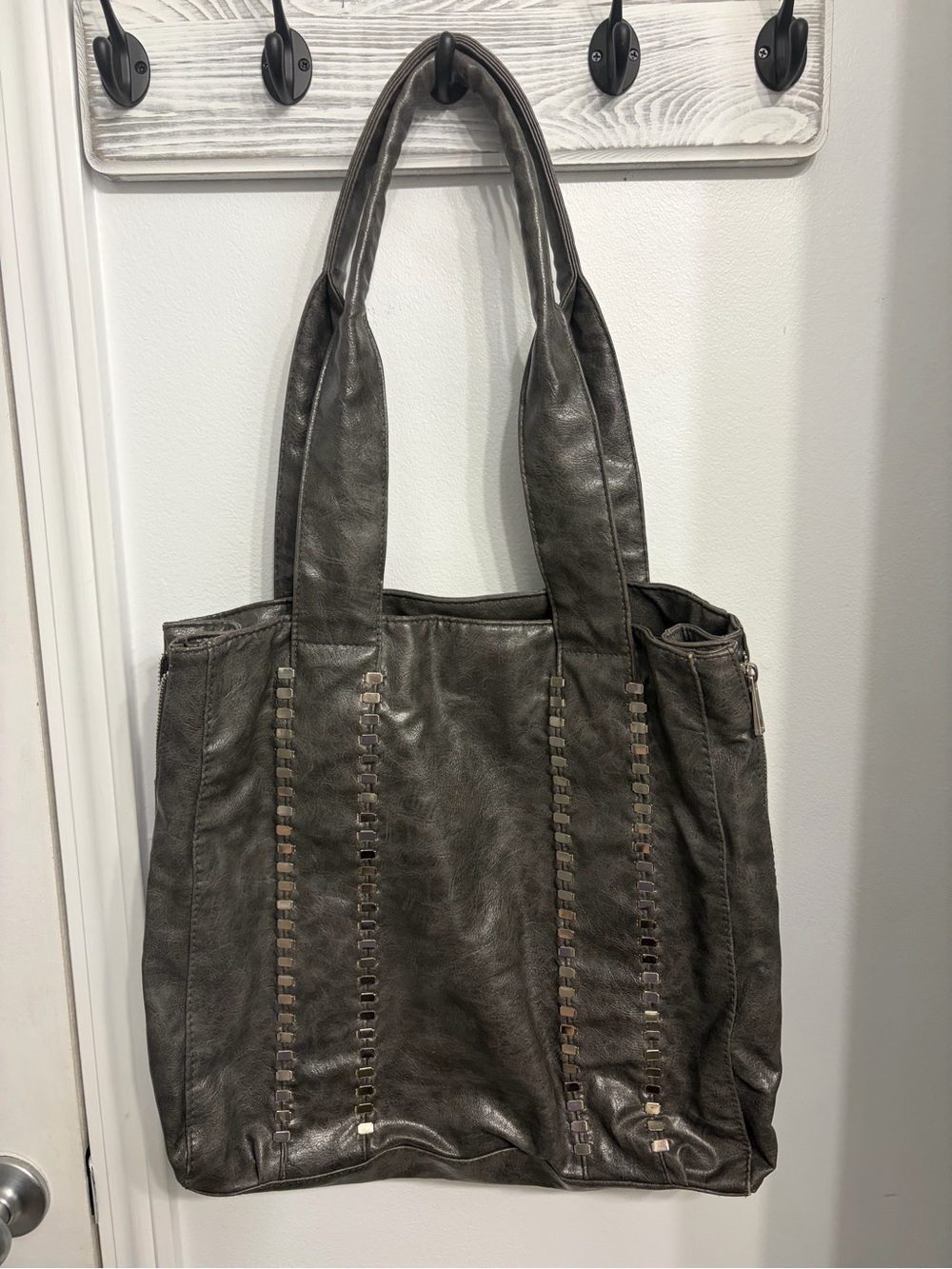 Braciano Dark Gray Faux Leather Tote with Woven Detail